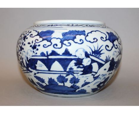 A CHINESE BLUE & WHITE PORCELAIN JAR, the rounded sides decorated with a continuous scene of boys in a garden setting, the ba