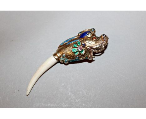 A GOOD QUALITY CHINESE ENAMELLED & GILT SILVER-METAL MOUNTED IVORY OBJECT, possibly a scratching tool, the ivory in the form 