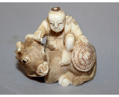 A GOOD QUALITY 19TH/20TH CENTURY SIGNED JAPANESE IVORY NETSUKE OF A BOY SEATED ON THE BACK OF A WATER BUFFALO, 1.5in wide & 1