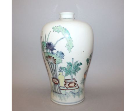 A CHINESE DOUCAI MEIPING PORCELAIN VASE, decorated with vases and jardinieres of flowers and with other objects, the base mos