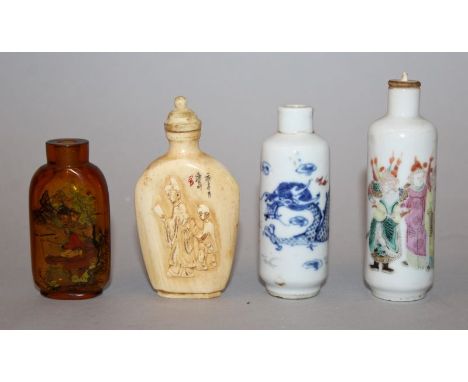 A 19TH CENTURY CHINESE FAMILLE ROSE PORCELAIN SNUFF BOTTLE, 3.25in high; together with an early 20th Century ivory snuff bott