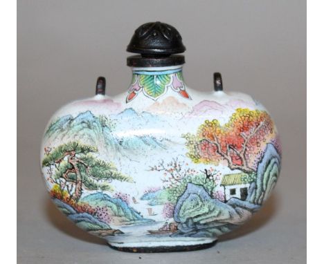 A 20TH CENTURY CHINESE CANTON ENAMEL SNUFF BOTTLE & METAL STOPPER, decorated with a continuous river landscape scene, 2in hig