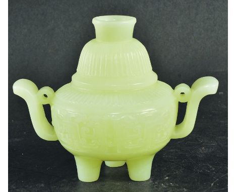 A GOOD QUALITY CHINESE JADE CENSER & COVER, the sides carved with a band of archaic dragon motifs, the stone of pale green to