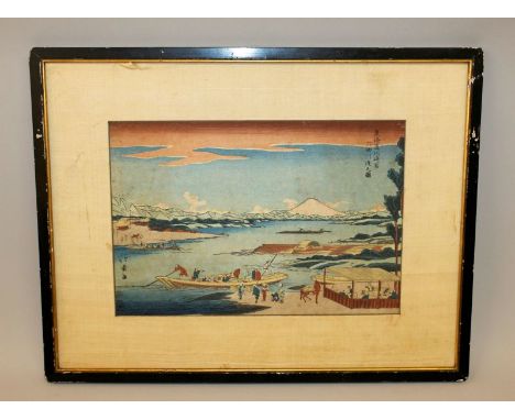 A GOOD FRAMED WOODBLOCK PRINT BY HOKUJU, circa 1810, depicting a view of ferries and Mount Fuji from Edo (Tokyo) Bay, the pri