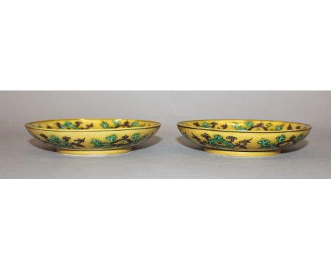 A PAIR OF CHINESE YELLOW-GROUND PORCELAIN DISHES, each decorated in green and turquoise with a confronting phoenix and dragon