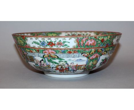 A LATE 19TH/EARLY 20TH CENTURY CHINESE CANTON PORCELAIN BOWL, painted in typical palette with figural and floral panels, 10in