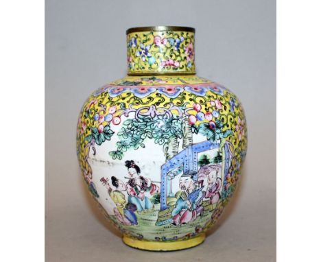 A 19TH/20TH CENTURY CHINESE CANTON ENAMEL JAR & COVER, decorated with figural panels reserved on a yellow ground embellished 