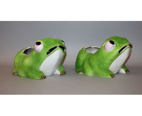 A PAIR OF CHINESE PORCELAIN TOAD-FORM JARDINIERES, each in apple-green with stipple relief decoration, 9.75in long & 6.75in h