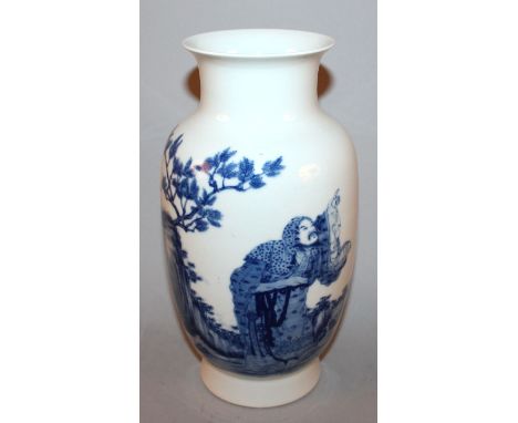 A GOOD QUALITY CHINESE BLUE & WHITE PORCELAIN VASE, decorated with a sage in a rocky garden setting, the base with character 