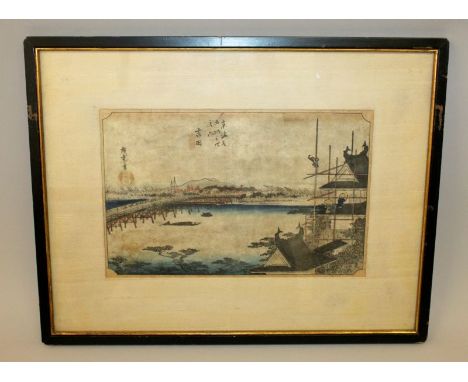 A JAPANESE FRAMED WOODBLOCK PRINT BY HIROSHIGE, circa 1830, Yoshida from the Hoeido Tokaido series, oban yoko-e size, approx.