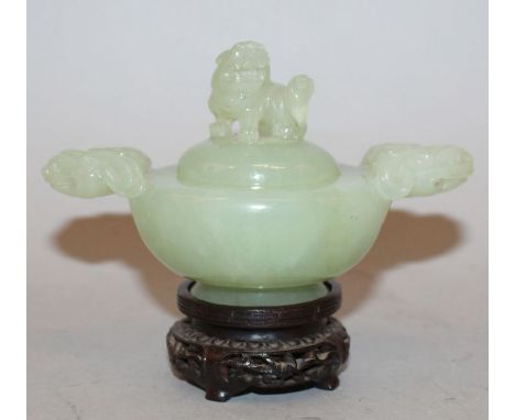 A GOOD QUALITY 19TH/20TH CENTURY CHINESE JADE-LIKE CELADON GREEN CENSER & COVER, together with a fitted hardwood stand, the c