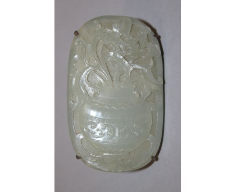 A GOOD QUALITY 18TH/19TH CENTURY CHINESE CARVED OVAL CELADON JADE PLAQUE, the rounded upper surface well carved in relief wit