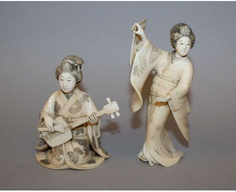 TWO GOOD QUALITY JAPANESE MEIJI PERIOD IVORY FIGURES, one of a kneeling lady playing a samisen, the other signed figure of a 