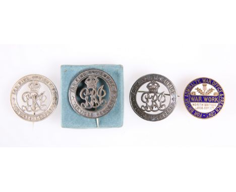 THREE WWI 'SERVICES RENDERED' SILVER PIN BADGES BEARING NUMBERS 304409,&nbsp; B61925 and B260282 (Gordons), and an enamelled 