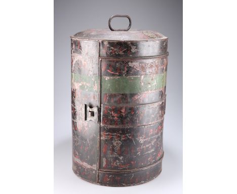 A 19TH CENTURY JAPANNED CYLINDRICAL TIN FOR AN OFFICERS' FEATHER BONNET, with hinged door to side and bearing maker's name Ma