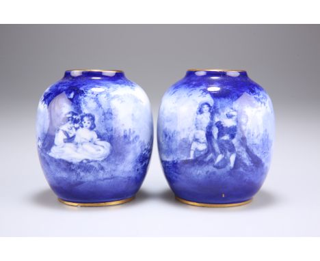 A PAIR OF ROYAL DOULTON BLUE CHILDREN SERIES VASES,&nbsp;of globular form, one depicting two girls reading beneath a tree, th