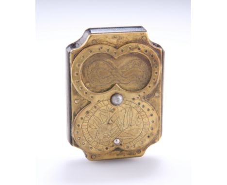 AN 18TH CENTURY BRASS-MOUNTED MISERS SNUFF BOX, rectangular with inverted canted corners, engraved decoration to top and bott