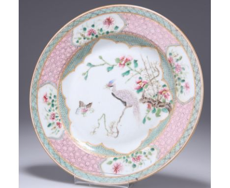 A CHINESE FAMILLE ROSE PORCELAIN PLATE,&nbsp;circular, painted to the well with a bird upon a blossoming bough and a butterfl