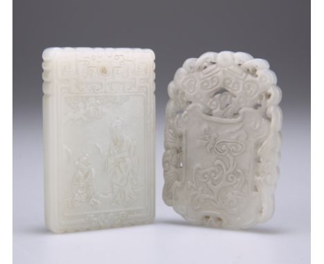 TWO CHINESE JADE PENDANTS, the first rectangular with partially carved edge, carved to one side with a scholar and pupil unde