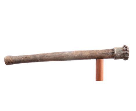 A WWI TRENCH CLOSE FIGHTING MACE WITH WOODEN SHAFT, the lead end embedded with metal studs, the lead end impressed 'Gordon Hi
