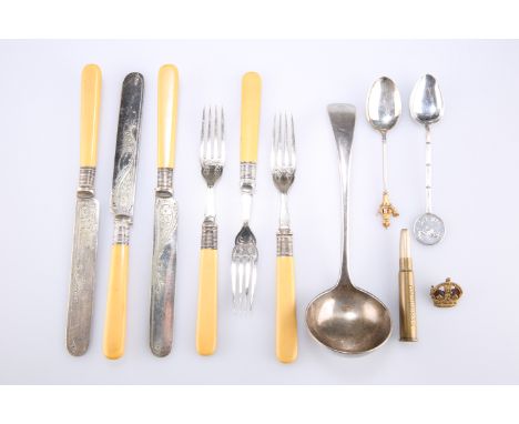 THREE 19TH CENTURY PAIRS OF HEAVILY PLATED FRUIT KNIVES AND FORKS, with brightly cut blades, the knives bearing the device of