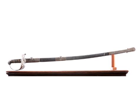 A GOOD 1827 PATTERN RIFLE OFFICERS' SWORD, THIS EXAMPLE WITH LEATHER SCABBARD, top middle and bottom chapes, the upper two wi