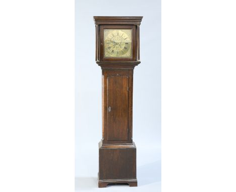 A GEORGE III OAK 30-HOUR LONGCASE CLOCK, the 11 inch square brass dial, unsigned, engraved to the centre with scrolling acant