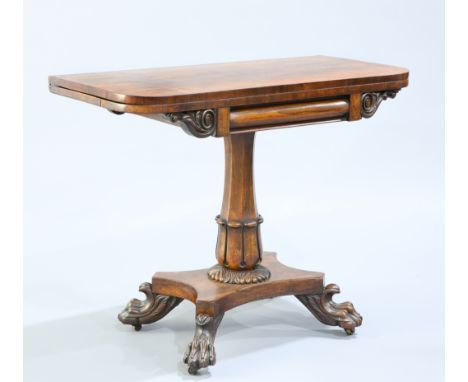 A WILLIAM IV ROSEWOOD FOLDOVER CARD TABLE, the hinged top with rounded corners opening to reveal a baize lined playing surfac