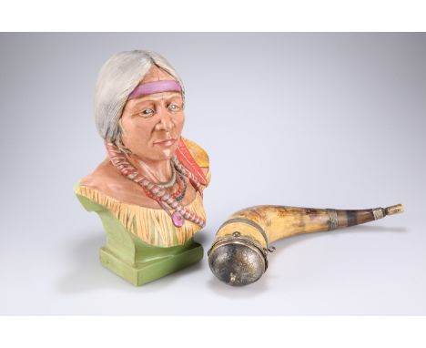 A 19TH CENTURY POWDER HORN WITH SILVER-PLATED FITTINGS, overall length 32cm, the bell end sealed and capped with an engraved,