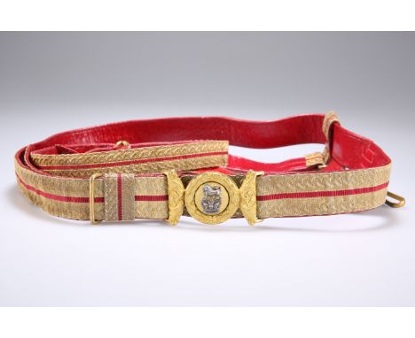 A STAFF OFFICERS' PATTERN RED LEATHER AND GILT LACE WAIST BELT WITH SWORD SLINGS WITH PRE 1902, crowned clasp and a similar w