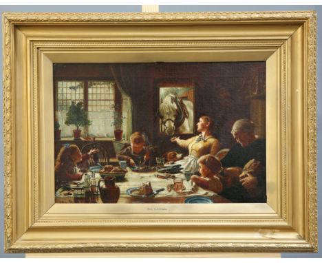 FOLLOWER OF JOHN RENNIE MACKENZIE HOUSTON, A FAMILY GATHERING, signed John R Houston lower left, oil on canvas, framed. 30cm 