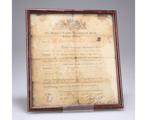 A SCARCE, FRAMED AND GLAZED DISBANDMENT DISCHARGE CERTIFICATE FROM HIS MAJESTY'S FOURTH REGIMENT OF NORTH BRITISH MILITIA, re