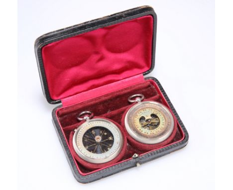 A FRENCH PLATED METAL CASED POCKET BAROMETER AND THERMOMETER, EARLY 20TH CENTURY, in a fitted case. Diameter of each 4.5cmThe