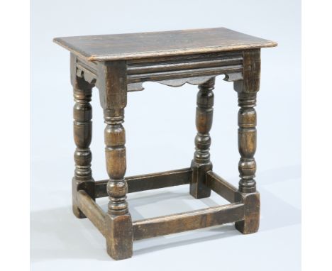 A 19TH CENTURY OAK JOINT STOOL, the moulded rectangular top raised on ring turned baluster legs, terminating in blocks joined