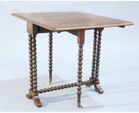 A SMALL VICTORIAN WALNUT SUTHERLAND TABLE, the moulded rectangular top raised on a bobbin turned gateleg stand, moving on pot