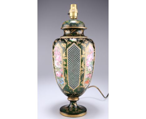 A BOHEMIAN GILDED AND PAINTED GREEN GLASS VASE, 19TH CENTURY, of shouldered ovoid form, painted with floral panels, now drill