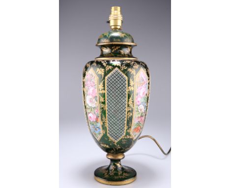 A BOHEMIAN GILDED AND PAINTED GREEN GLASS VASE, 19TH CENTURY, of shouldered ovoid form, painted with floral panels, now drill