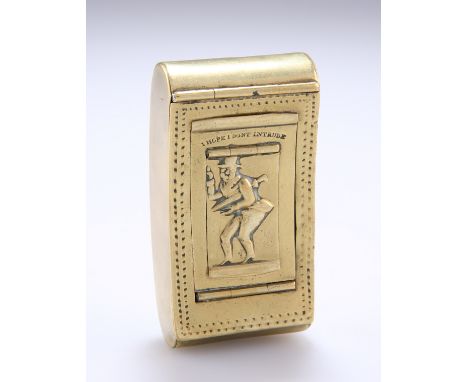 A REGENCY BRASS SNUFF BOX, of rounded rectangular form, the hinged lid embossed with the figure of the actor Paul Pry beneath