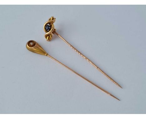 A Victorian 15ct gold sapphire knot stick pin -1.6 gms and 10ct diamond stick pin – 1.1 gms