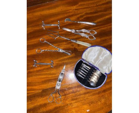 Two pairs of grape scissors, bread fork etc