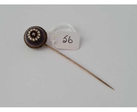 A Victorian large cabochon amethyst diamond and pearl stick pin 15ct gold – 5.7 gms