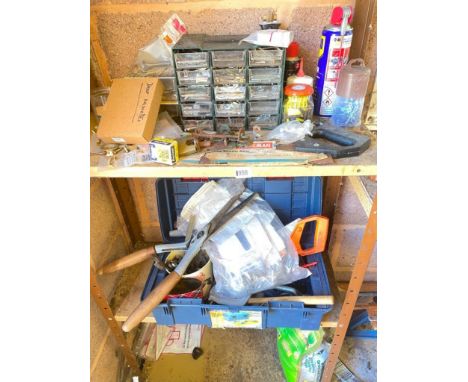 Two shelves of screws, tools etc 