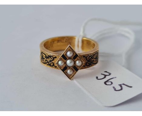 Antique Victorian gold mourning ring in black enamel and pearls inscribed “In memory of Papa. 10th Sept 1884, size G