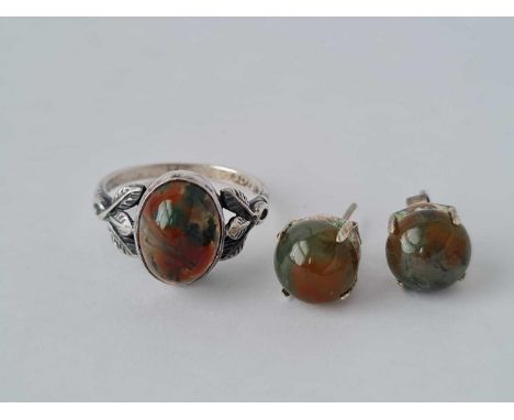 A boxed moss agate and silver ring and earring set