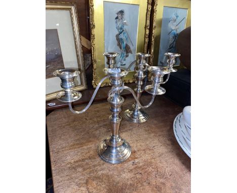 Pair of Sheffield plated three light candlabra. 13” high