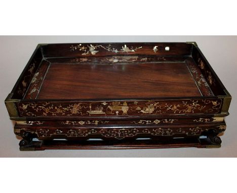 A GOOD QUALITY 19TH CENTURY CHINESE MOTHER-OF-PEARL INLAID HARDWOOD TRAY, supported on four scroll feet linked by stretchers,