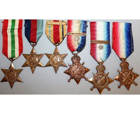 THREE 1939-1945 STARS, THE AFRICA STAR with bar, FIRST ARMY THE 1939-1945 STAR, THE ITALY STAR, all with ribbons and THREE FI