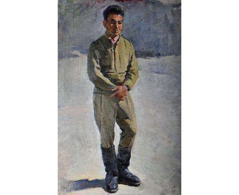 20th Century Russian School. Portrait of a Man, deep in thought, Oil on Canvas, Unframed, 42.5” x 28”