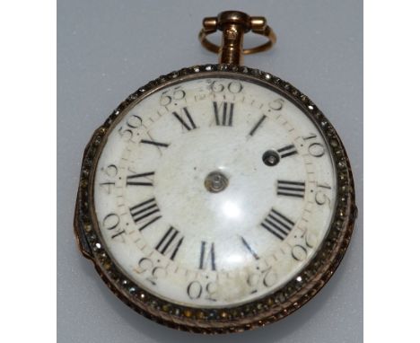 A SUPERB FRENCH 18TH CENTURY 18CT GOLD, DIAMOND AND ENAMEL MINIATURE VERGE POCKET WATCH by LEPINE A. PARIS with black and whi
