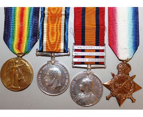 THE MEDALS OF 2235 PTE. R. AINSWORTH, E. LANCS. REGT., including QUEENS SOUTH AFRICA MEDAL 1899, with ribbon, THREE BARS, TRA